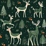 Pattern of deer and Christmas trees on a dark green background
