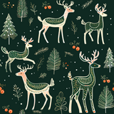 Pattern of deer and Christmas trees on a dark green background