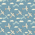 Pattern of airplanes and clouds on a blue background