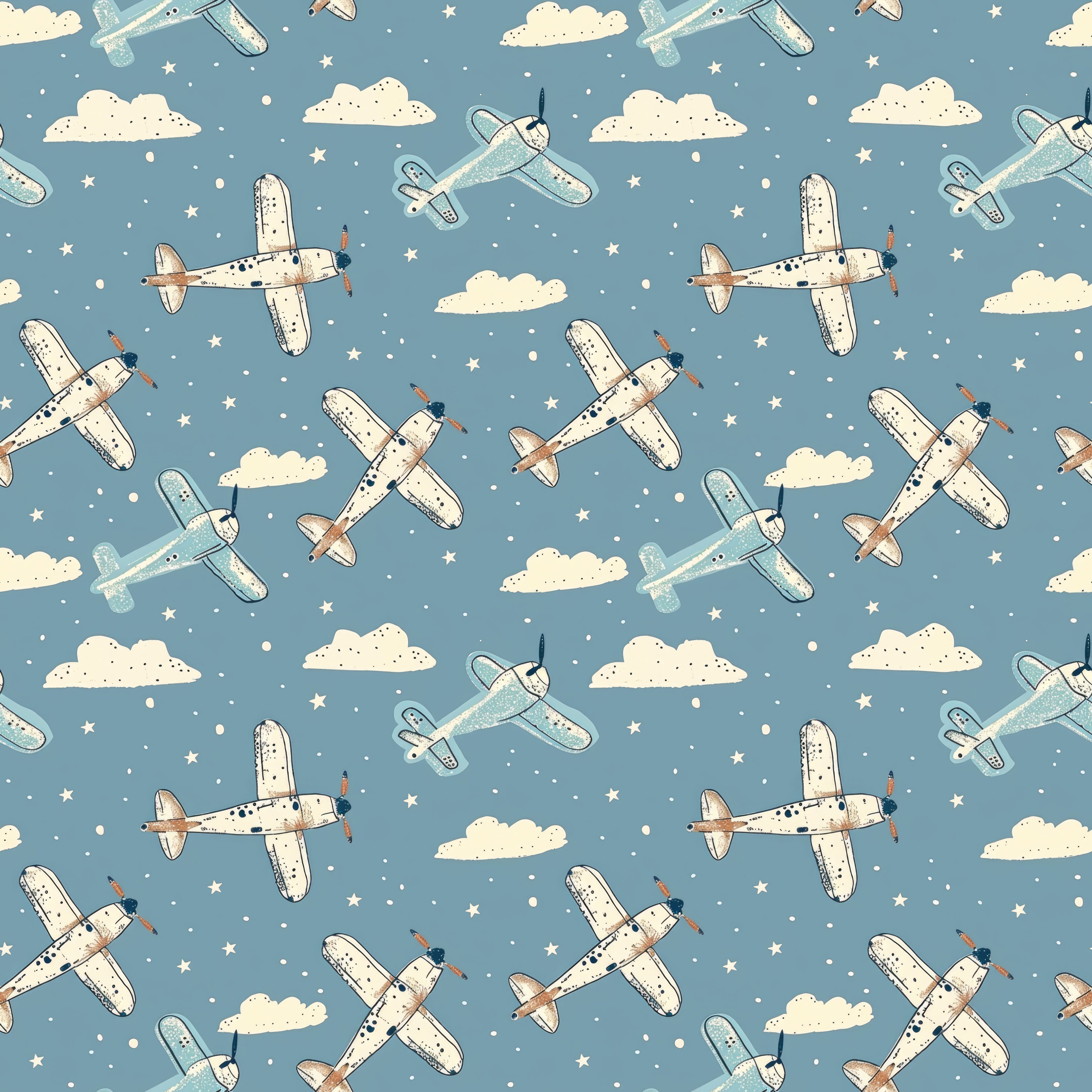 Pattern of airplanes and clouds on a blue background
