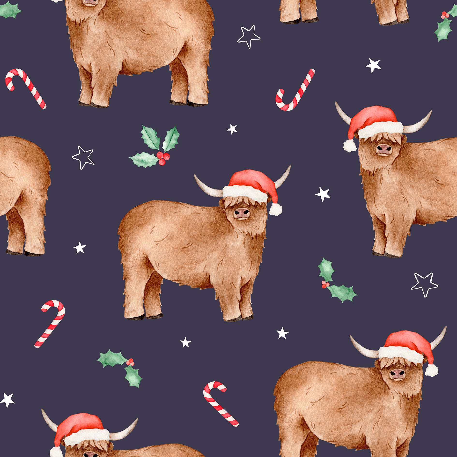 Pattern of yaks wearing Santa hats, candy canes, and holly leaves on a dark blue background.